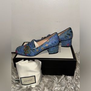 NWT Gucci Blue Floral Leather GG Marmont Fringe Block Heel Pumps Size 37